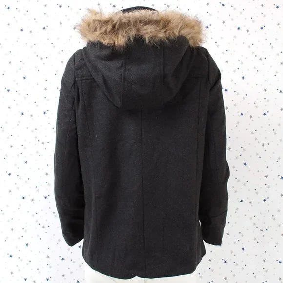 Charcoal Faux Fur Hooded Wool Blend Coat Jacket - Picture 7 of 9